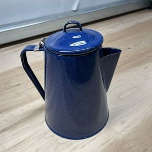 Blue Speckled Enamel Coffee Pot Enamelware Hinged Lid-Vintage 8" tall